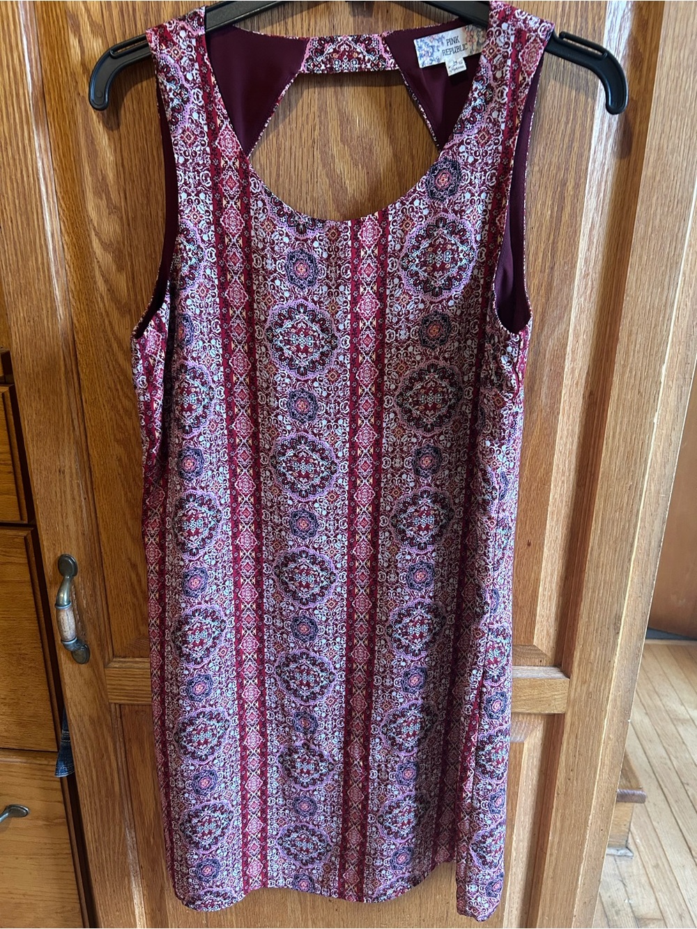 Pink Republic Sleeveless Mini Dress in Burgundy Paisley